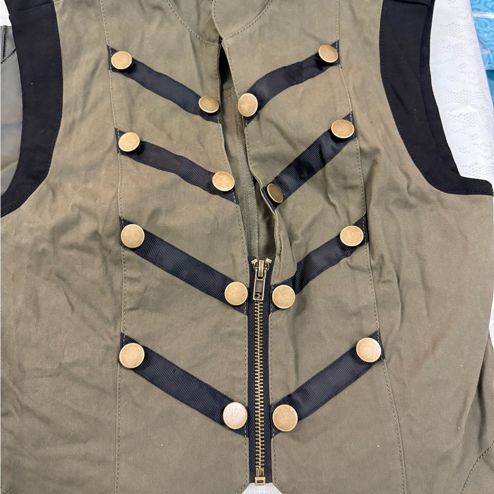 Khaki Military-Inspired Vest with Gold Buttons